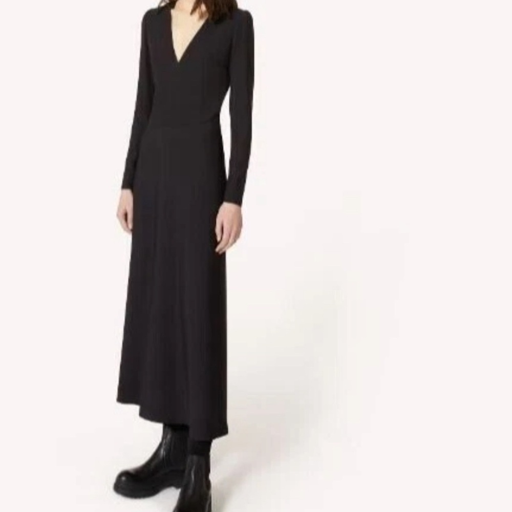 New RedValentino Long Sleeve Black V-Neck crepe Envers Satin Maxi Dress Sz 48/12